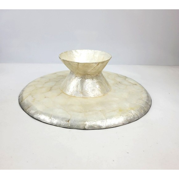 Capiz Shell Pedestal Cake Stand Plate Decorative Flower Inlay Black Ivory 13" - Picture 15 of 15